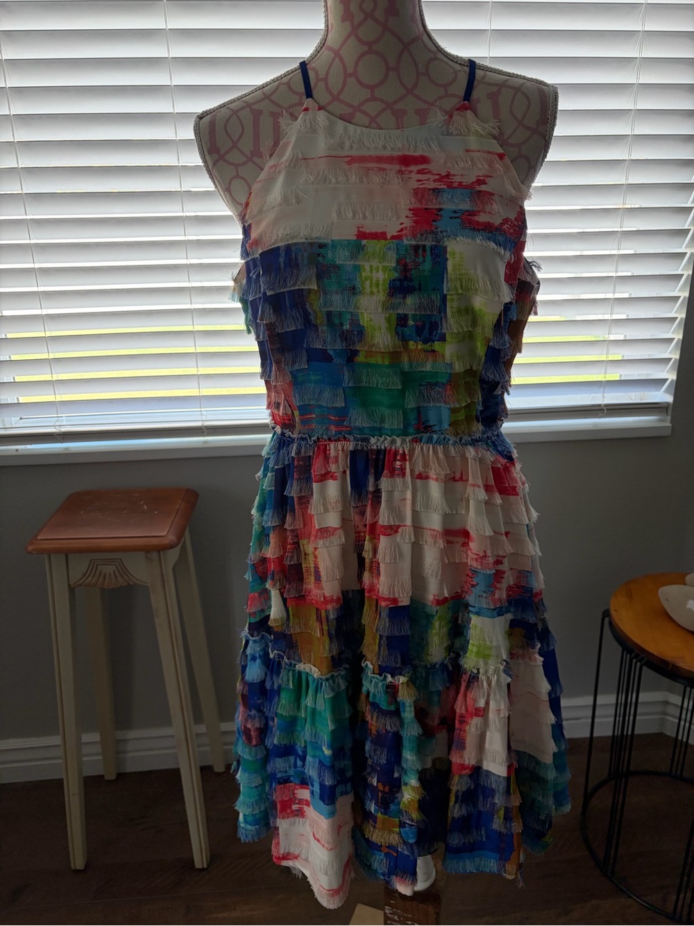 Badgley Mischka Multicolor Fringe Tiered Casual Dress